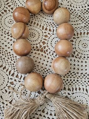 Natural Wooden Bead Garland with Tassels - Neutral Brown For Macreme